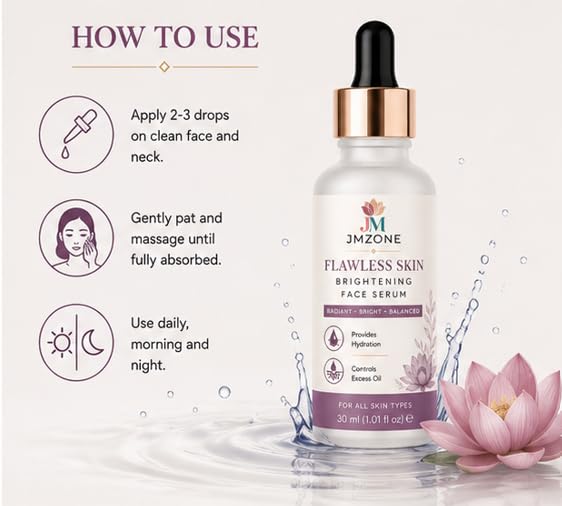 JMZONE Flawless Skin Brightening Face Serum for All Skin Types, Lightweight Daily Facial Serum for Radiant Looking Skin, Hydrating Face Serum, 30 ml