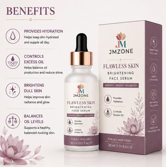 JMZONE Flawless Skin Brightening Face Serum for All Skin Types, Lightweight Daily Facial Serum for Radiant Looking Skin, Hydrating Face Serum, 30 ml