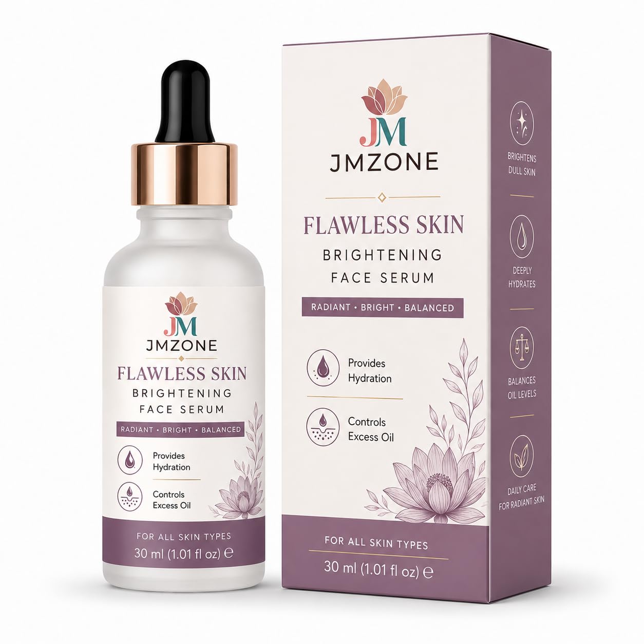 JMZONE Flawless Skin Brightening Face Serum for All Skin Types, Lightweight Daily Facial Serum for Radiant Looking Skin, Hydrating Face Serum, 30 ml