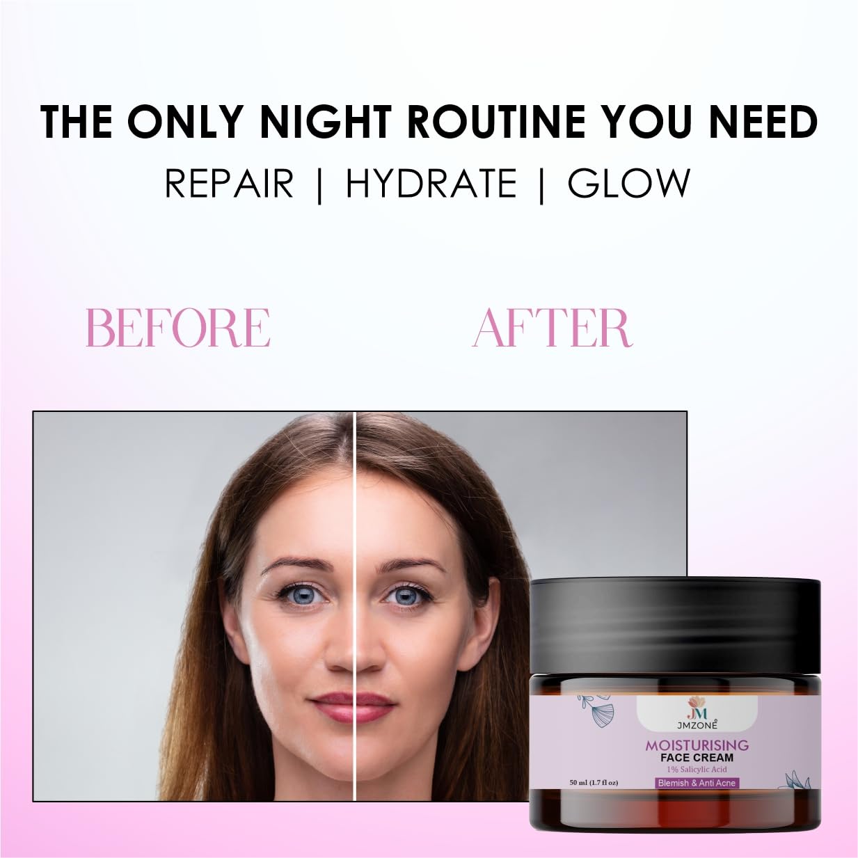 JMZONE Moisturising Face Cream with 1% Salicylic Acid, Blemish & Anti Acne, Skin Rejuvenation, 50 ml