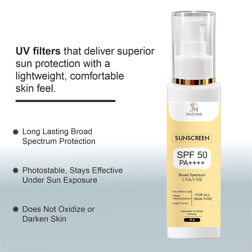 JMZONE Sunscreen SPF 50 PA++++, Broad Spectrum UVA/UVB, No White Cast, Lightweight Gel, All Skin Types (50GM)