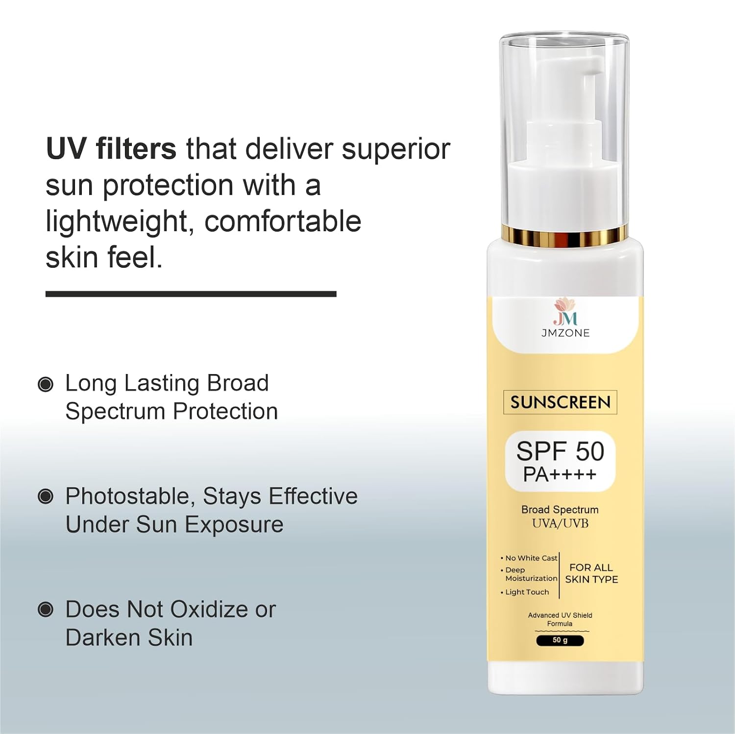 JMZONE Sunscreen SPF 50 PA++++, Broad Spectrum UVA/UVB, No White Cast, Lightweight Gel, All Skin Types (50GM)
