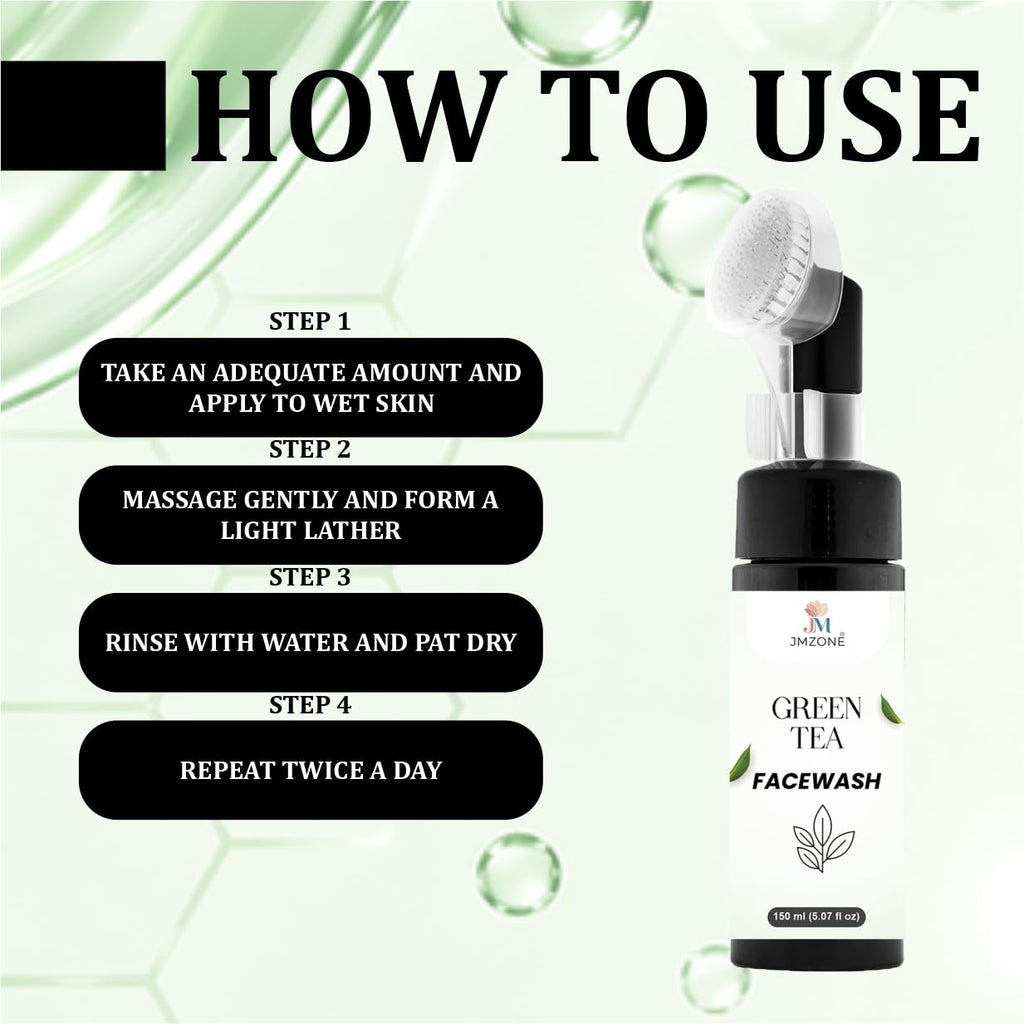 JMZONE Green Tea Facewash with Built-In Cleansing Brush, 150 ml