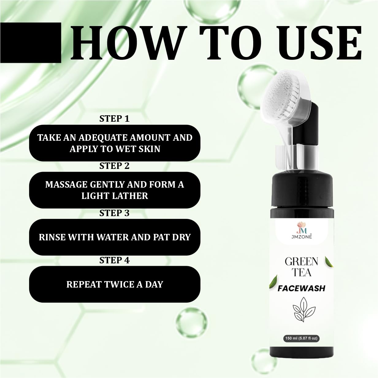 JMZONE Green Tea Facewash with Built-In Cleansing Brush, 150 ml