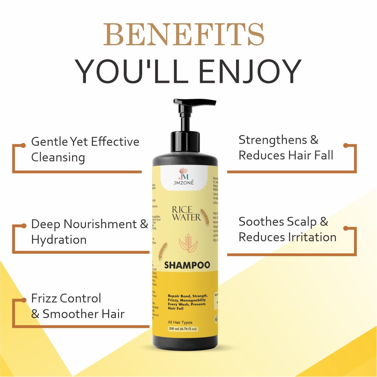JMZONE Rice Water Shampoo, Anti Hair Fall, Frizz Control, Repairs Split Ends, for All Hair Types, 200 ml