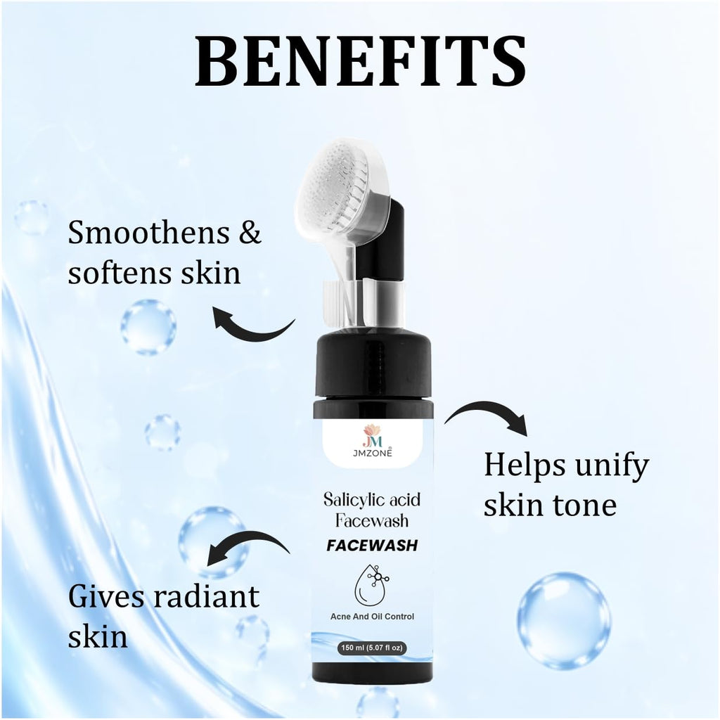 JMZONE 1% Salicylic Acid Face Wash with Built-in Cleansing Brush, Foaming Formula, Acne and Oil Control, 150 ml
