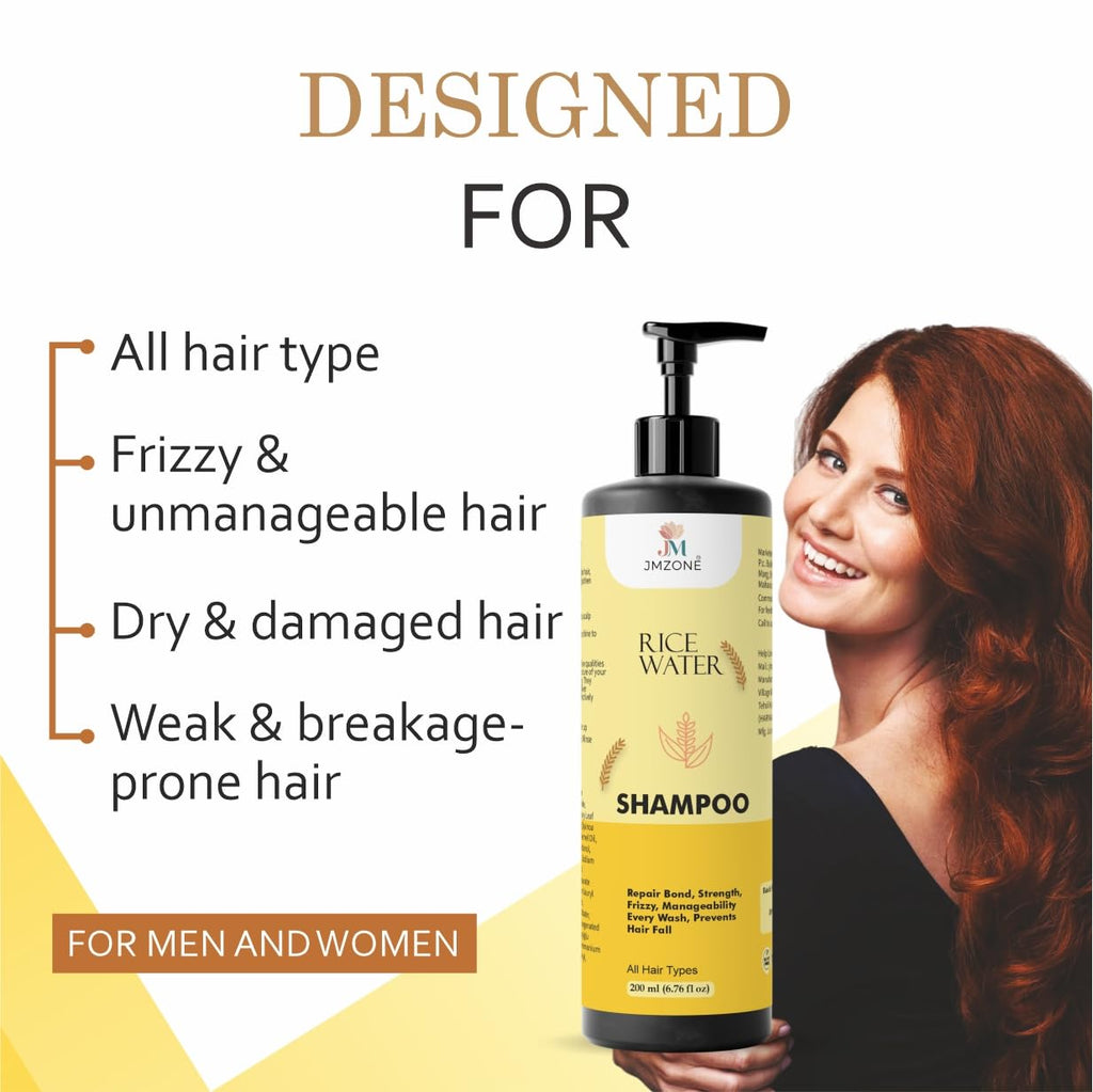 JMZONE Rice Water Shampoo, Anti Hair Fall, Frizz Control, Repairs Split Ends, for All Hair Types, 200 ml