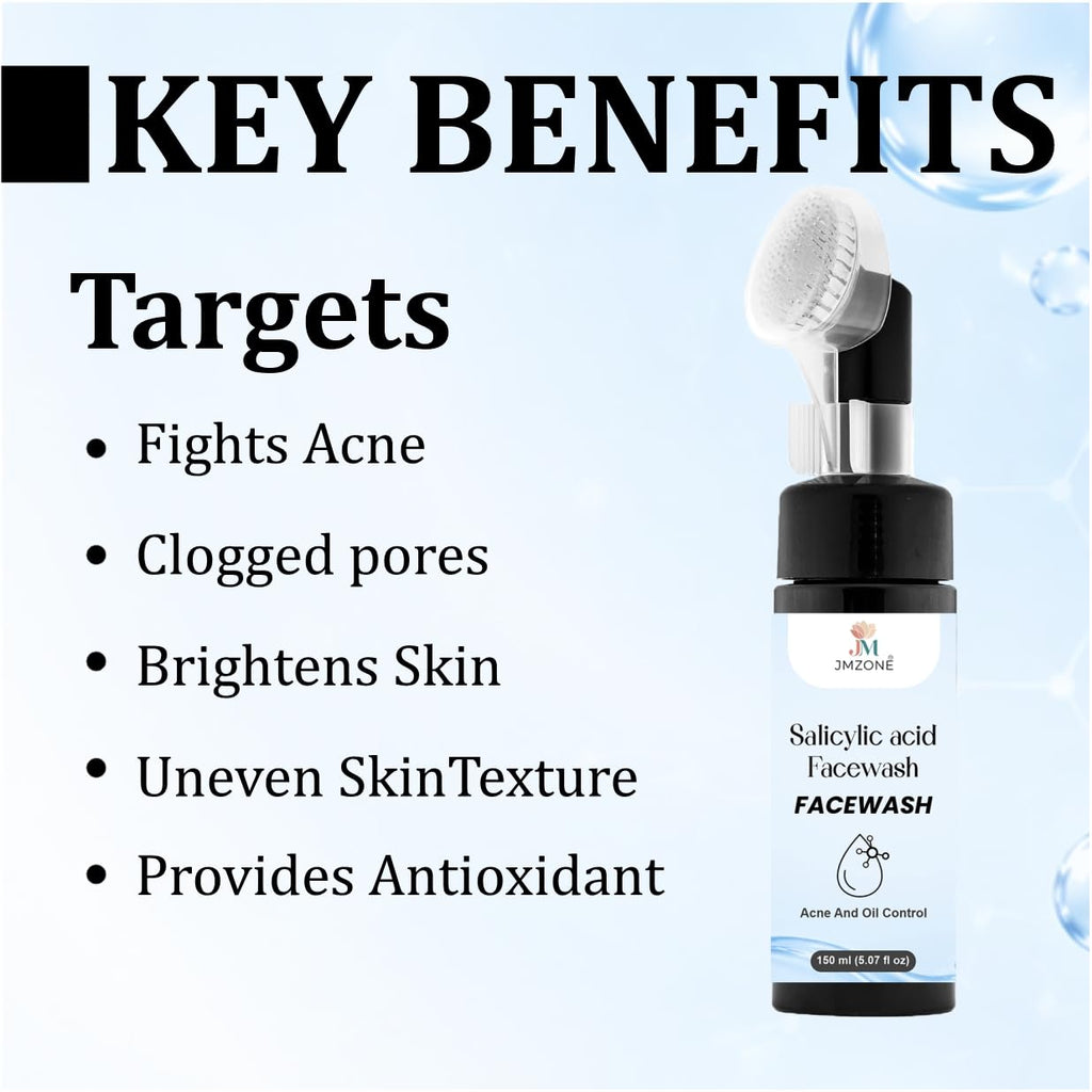 JMZONE 1% Salicylic Acid Face Wash with Built-in Cleansing Brush, Foaming Formula, Acne and Oil Control, 150 ml