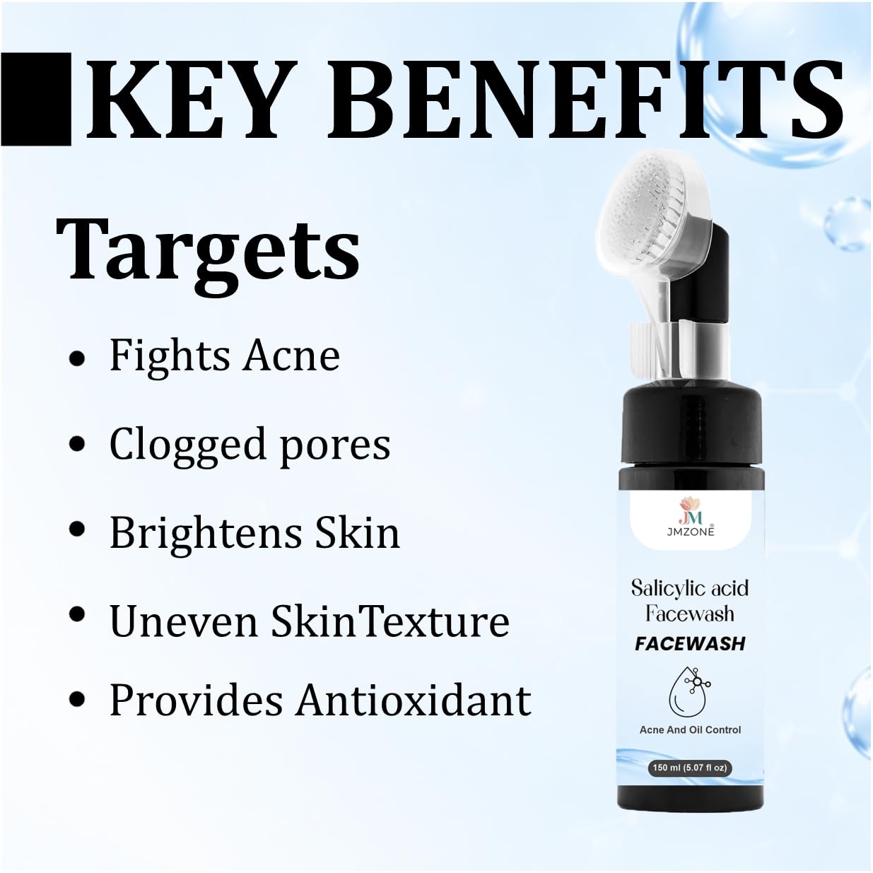 JMZONE 1% Salicylic Acid Face Wash with Built-in Cleansing Brush, Foaming Formula, Acne and Oil Control, 150 ml
