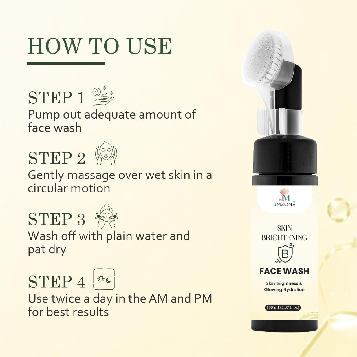 JMZONE Skin Brightening Face Wash with Built-in Cleansing Brush, Foaming Formula, Green Tea, 150 ml