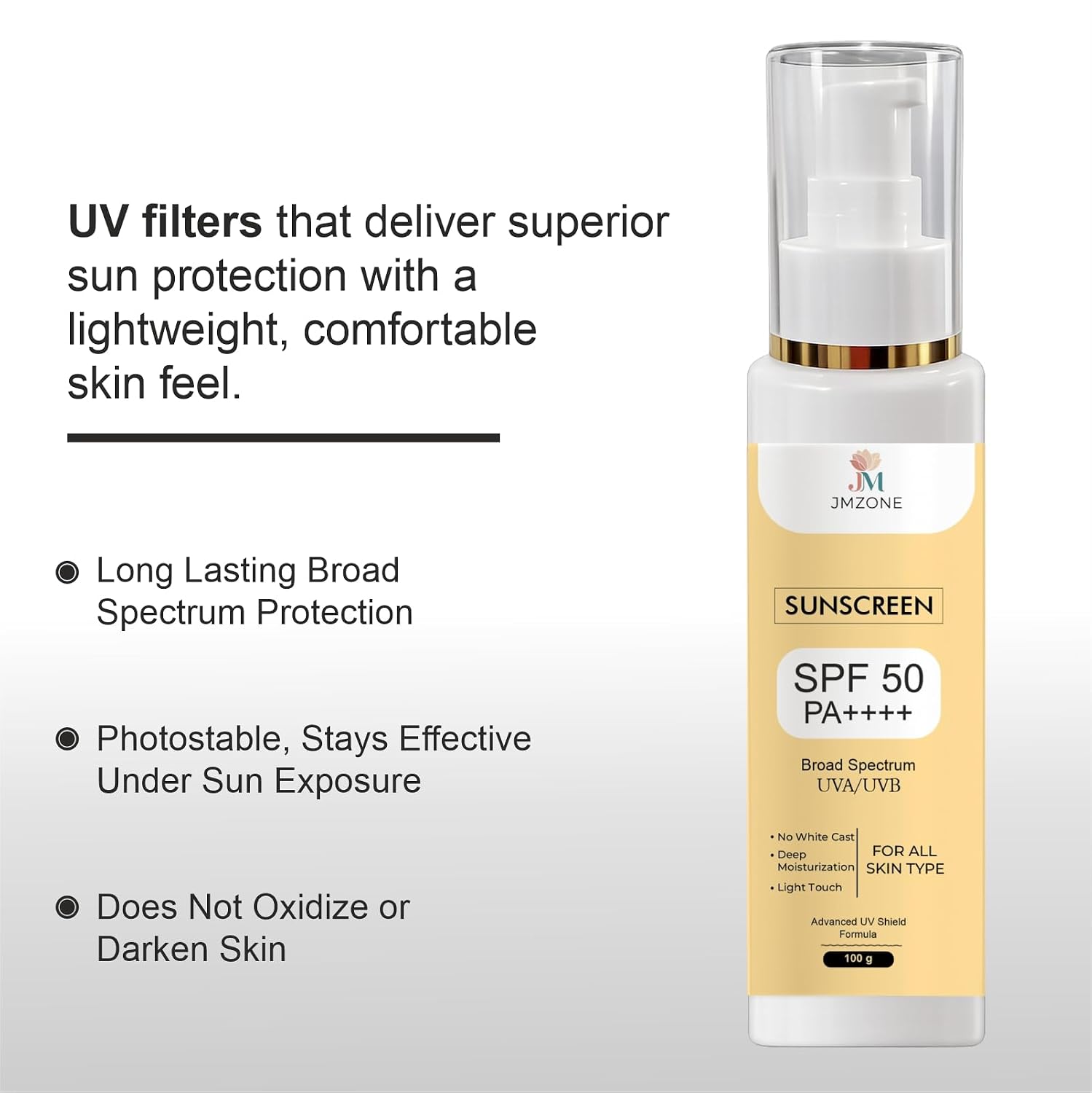 JMZONE Sunscreen SPF 50 PA++++, Broad Spectrum UVA/UVB, No White Cast, Lightweight Gel, All Skin Types (100GM)