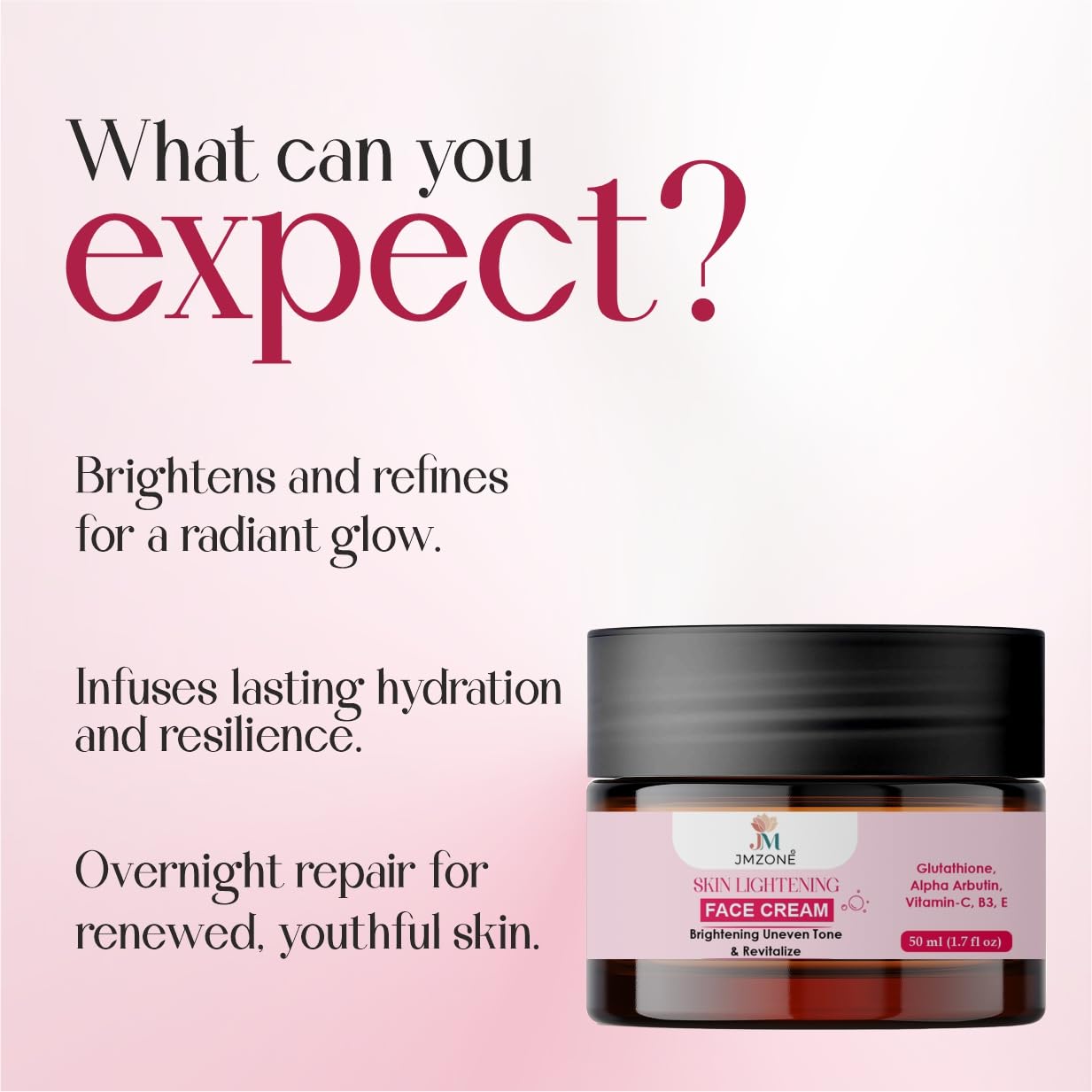 JMZONE Skin Lightening Face Cream with Glutathione, Alpha Arbutin, Vitamin-C, B3, E, Brightening and Revitalising, 50 ml