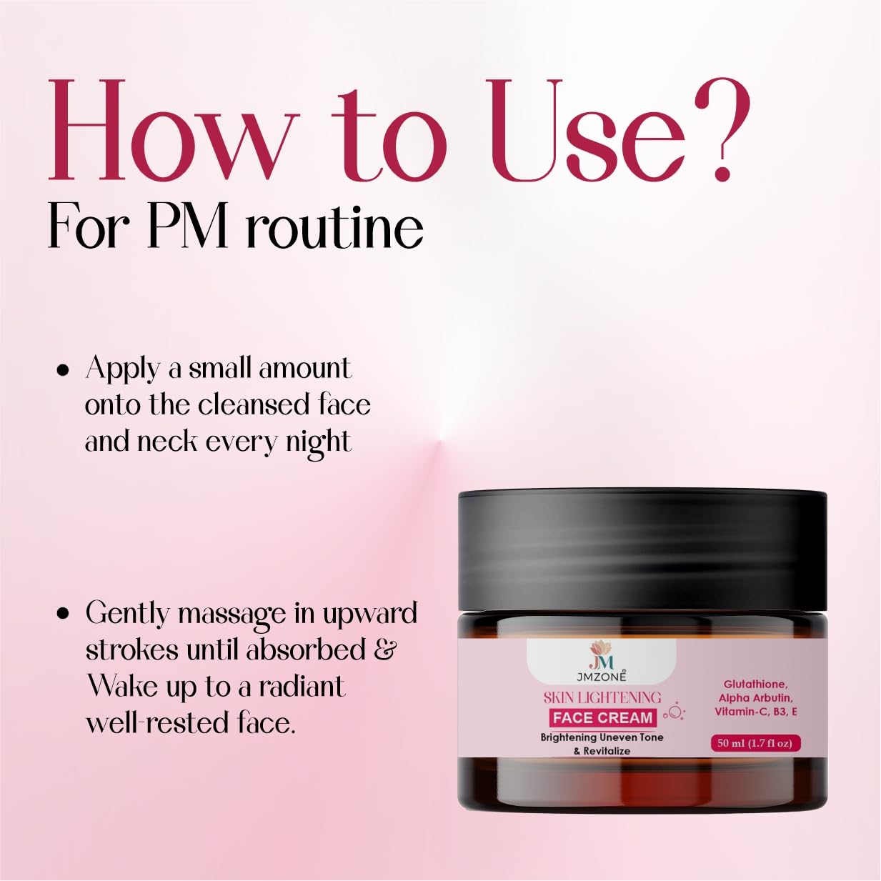 JMZONE Skin Lightening Face Cream with Glutathione, Alpha Arbutin, Vitamin-C, B3, E, Brightening and Revitalising, 50 ml