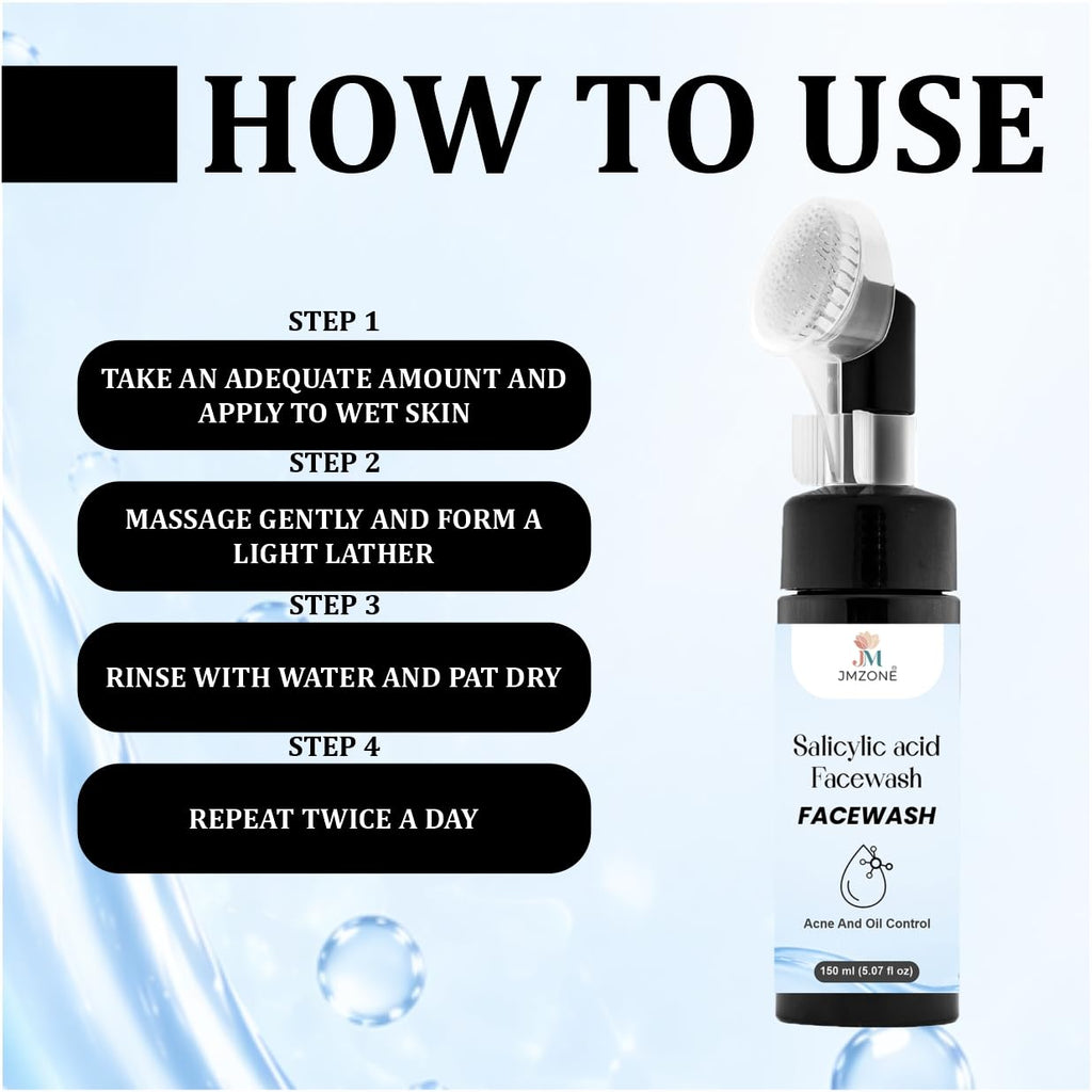JMZONE 1% Salicylic Acid Face Wash with Built-in Cleansing Brush, Foaming Formula, Acne and Oil Control, 150 ml