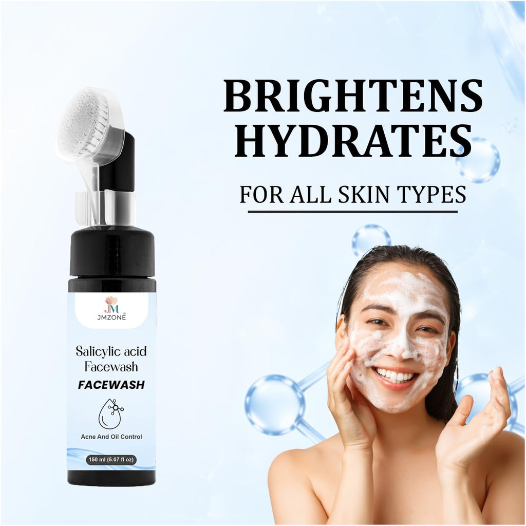 JMZONE 1% Salicylic Acid Face Wash with Built-in Cleansing Brush, Foaming Formula, Acne and Oil Control, 150 ml