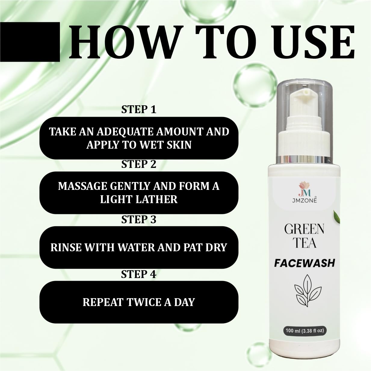 JMZONE Green Tea Face Wash, Foaming Cleanser with Built-in Silicone Cleansing Brush, Paraben Free, for All Skin Types, 100 ml