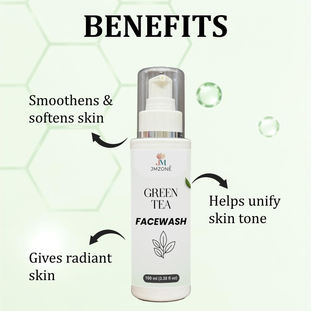 JMZONE Green Tea Face Wash, Foaming Cleanser with Built-in Silicone Cleansing Brush, Paraben Free, for All Skin Types, 100 ml