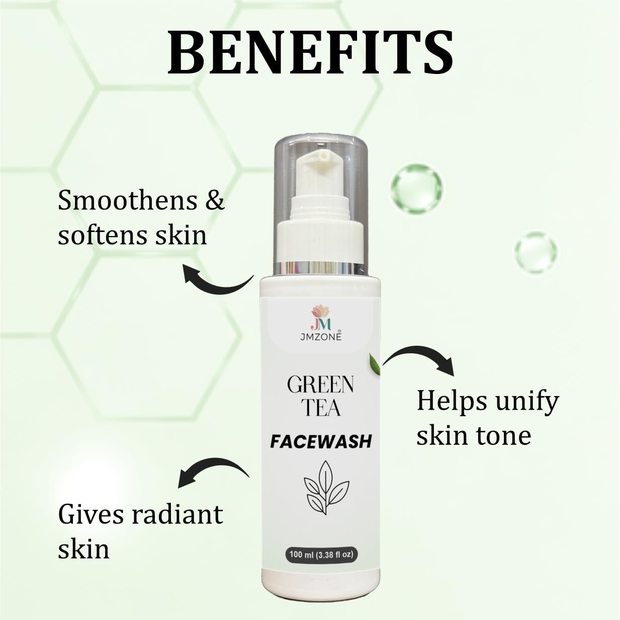 JMZONE Green Tea Face Wash, Foaming Cleanser with Built-in Silicone Cleansing Brush, Paraben Free, for All Skin Types, 100 ml