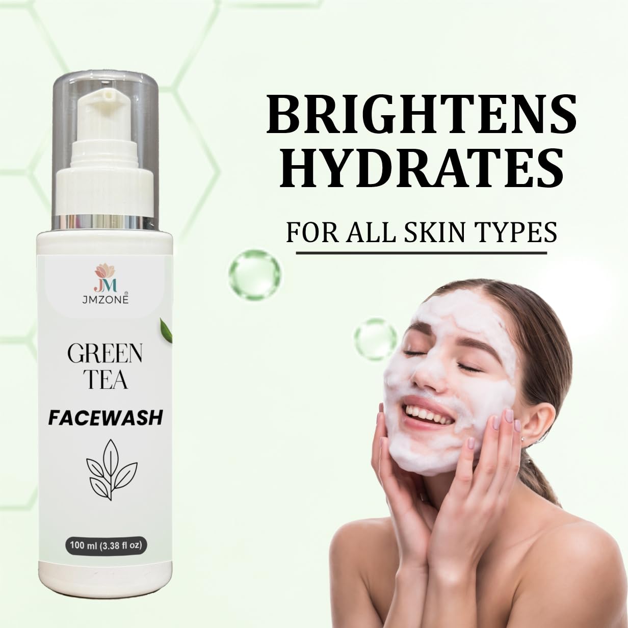 JMZONE Green Tea Face Wash, Foaming Cleanser with Built-in Silicone Cleansing Brush, Paraben Free, for All Skin Types, 100 ml