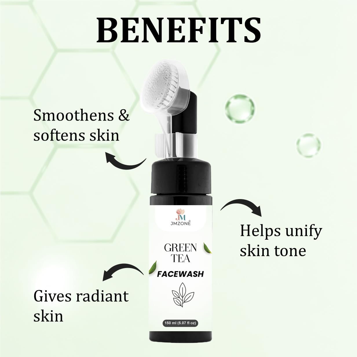 JMZONE Green Tea Facewash with Built-In Cleansing Brush, 150 ml