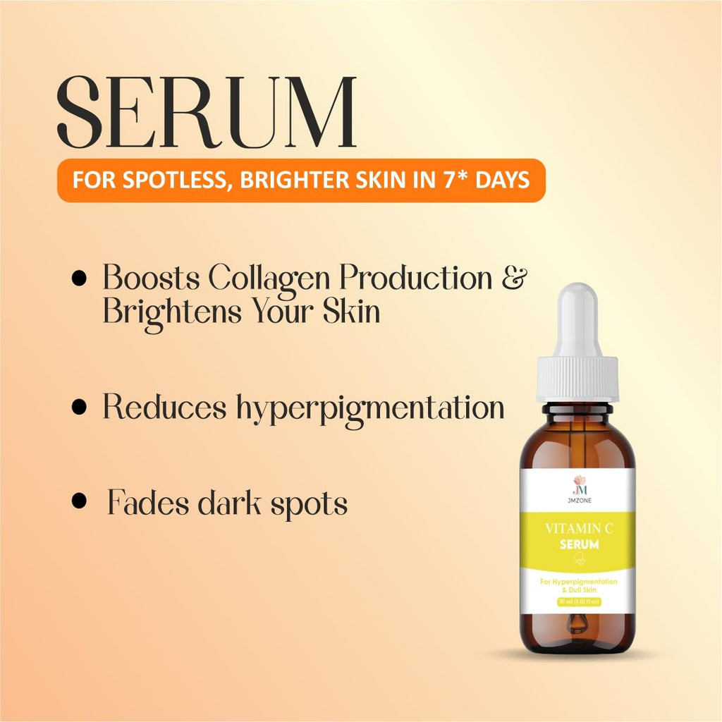 JMZONE Vitamin C Facial Serum with Brightening Care Formula for Uneven Looking Skin and Dryness, Non Sticky Daily Use Face Serum, 30 ml