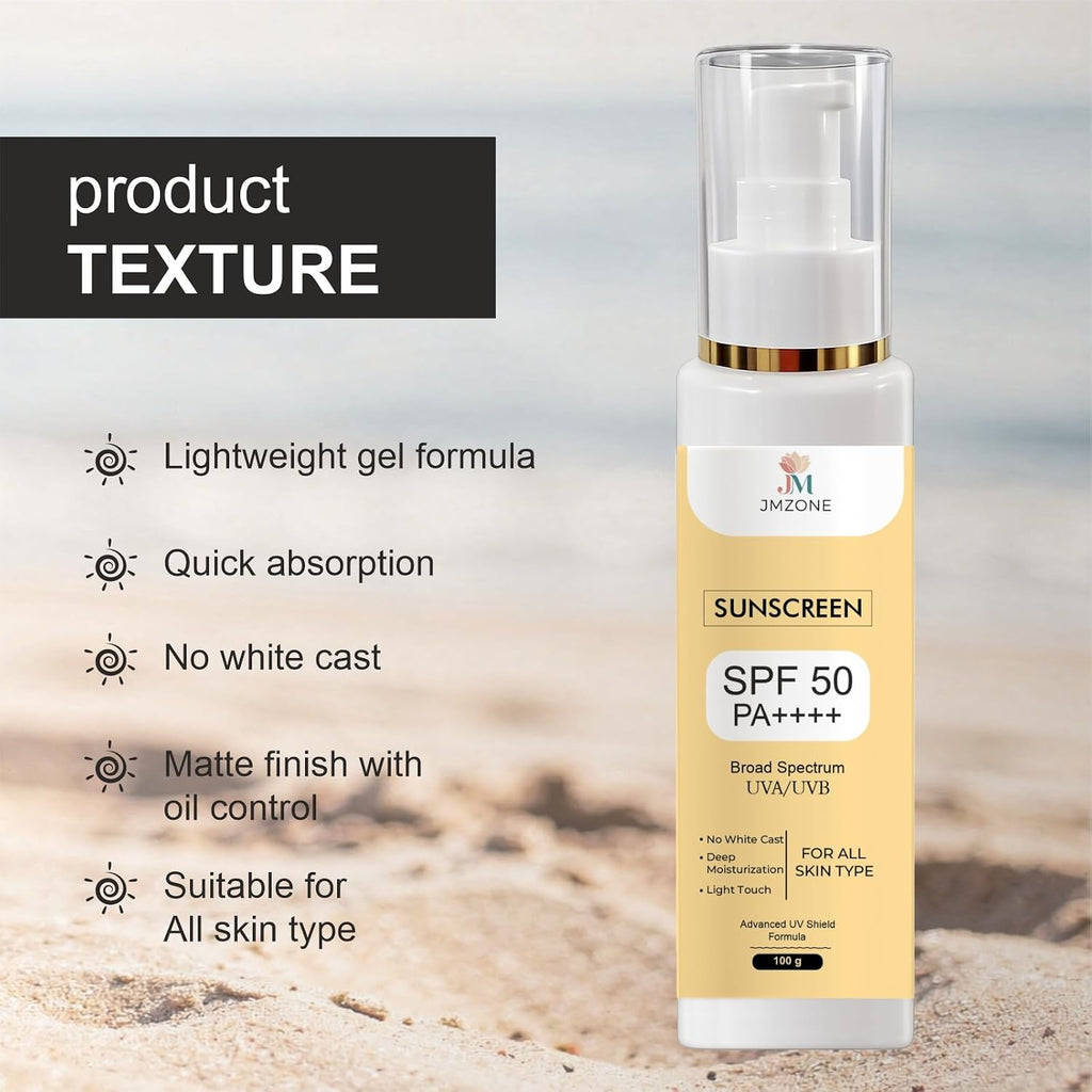 JMZONE Sunscreen SPF 50 PA++++, Broad Spectrum UVA/UVB, No White Cast, Lightweight Gel, All Skin Types (100GM)