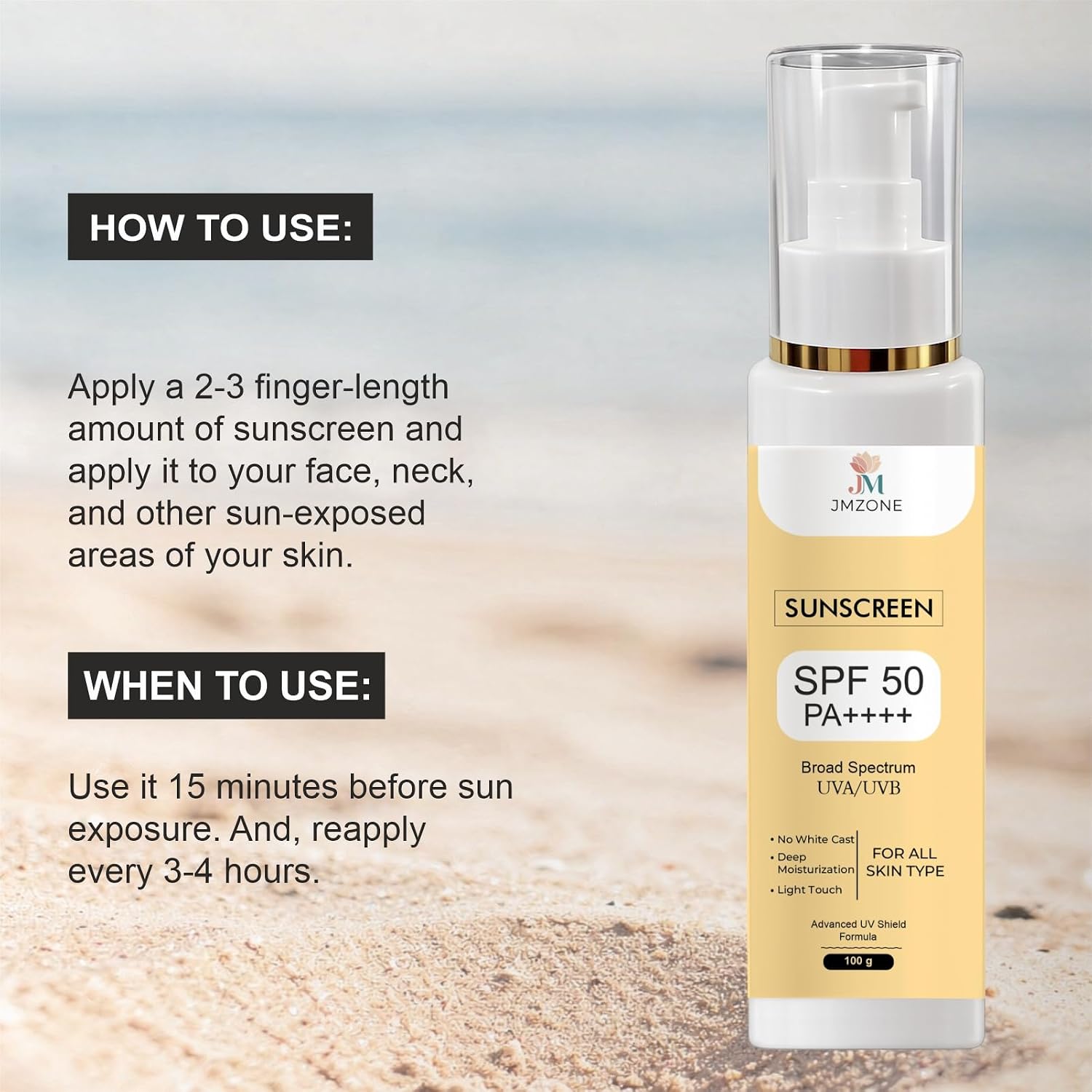 JMZONE Sunscreen SPF 50 PA++++, Broad Spectrum UVA/UVB, No White Cast, Lightweight Gel, All Skin Types (100GM)