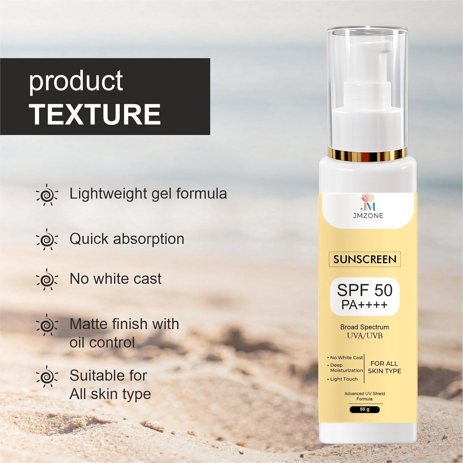 JMZONE Sunscreen SPF 50 PA++++, Broad Spectrum UVA/UVB, No White Cast, Lightweight Gel, All Skin Types (50GM)