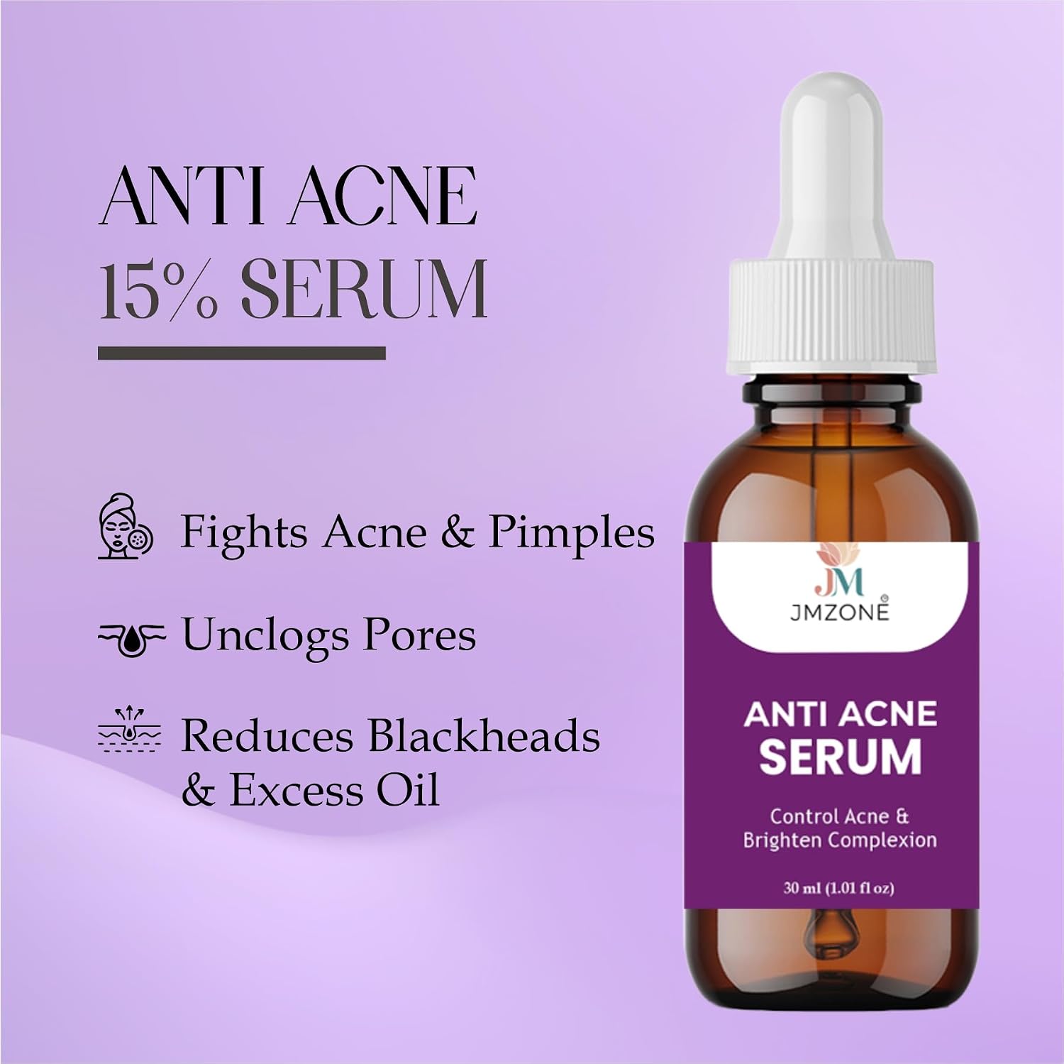 JMZONE Anti Acne Serum for Acne Control & Clear Skin – Blemish Reducing Face Serum for Pimples, Dark Spots & Oil Control – Brightening & Skin Smoothing Formula – 30 ml