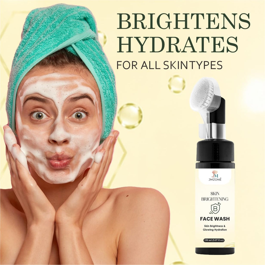 JMZONE Skin Brightening Face Wash with Built-in Cleansing Brush, Foaming Formula, Green Tea, 150 ml