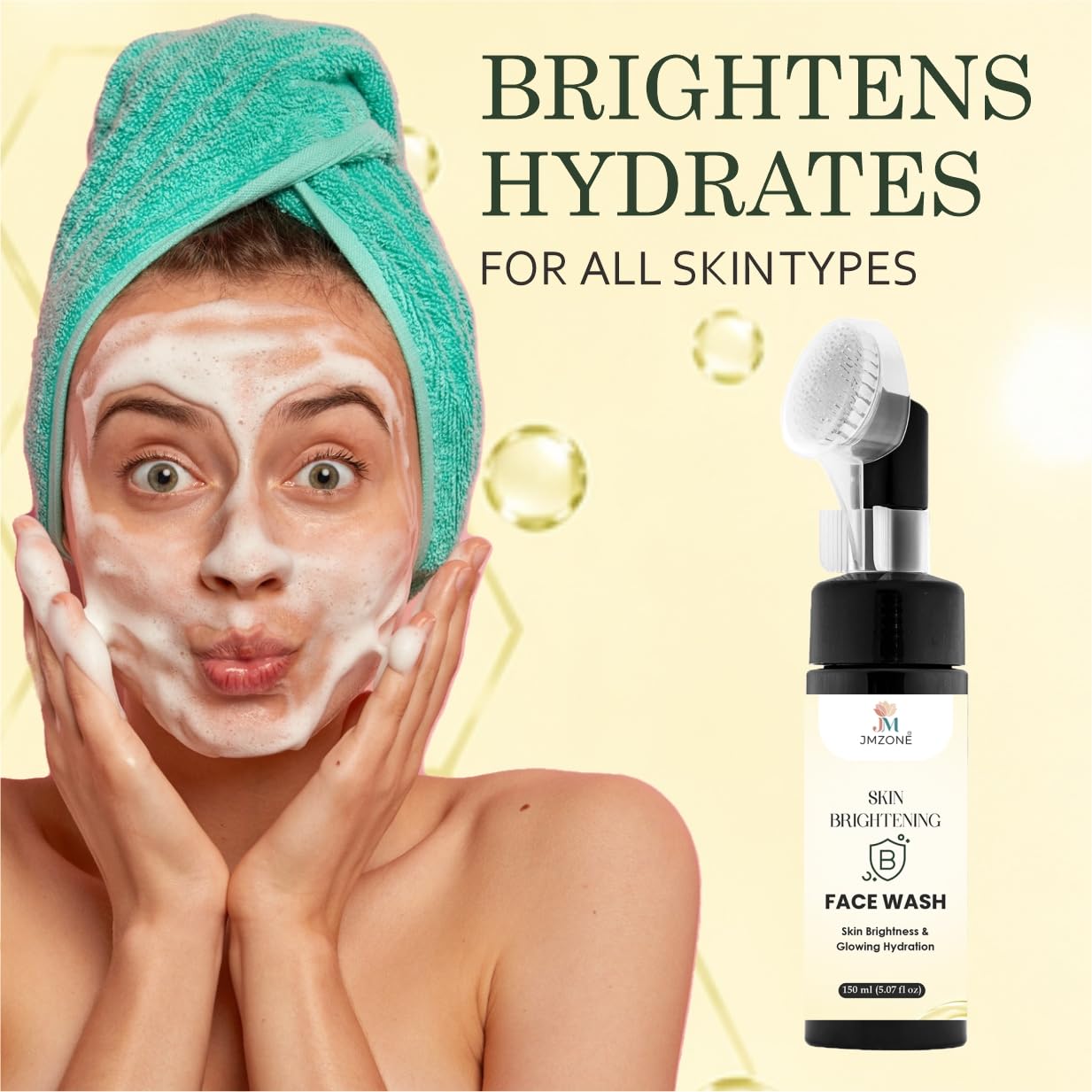 JMZONE Skin Brightening Face Wash with Built-in Cleansing Brush, Foaming Formula, Green Tea, 150 ml