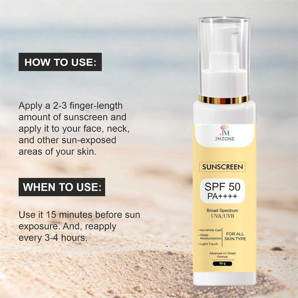 JMZONE Sunscreen SPF 50 PA++++, Broad Spectrum UVA/UVB, No White Cast, Lightweight Gel, All Skin Types (50GM)