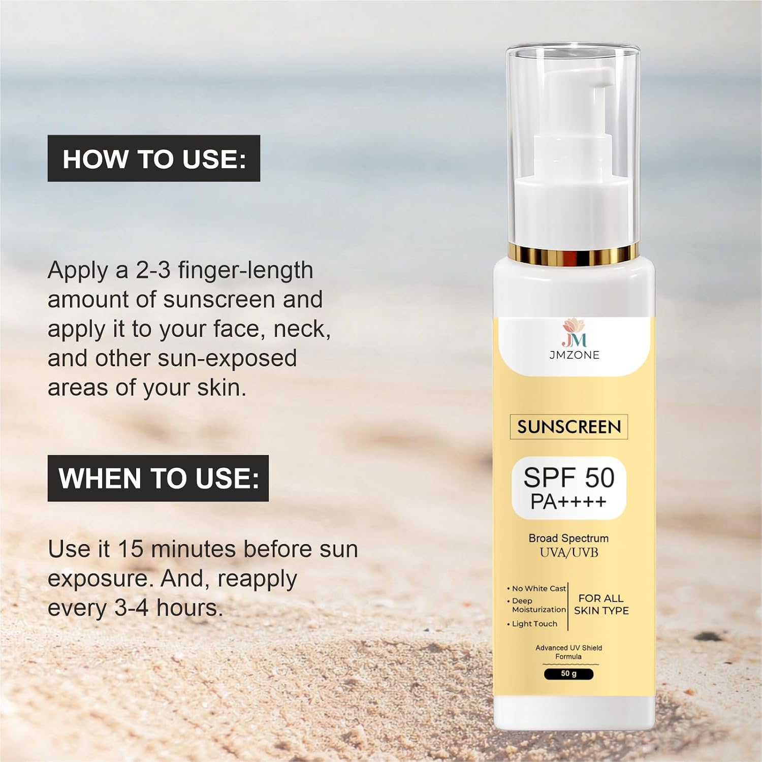 JMZONE Sunscreen SPF 50 PA++++, Broad Spectrum UVA/UVB, No White Cast, Lightweight Gel, All Skin Types (50GM)