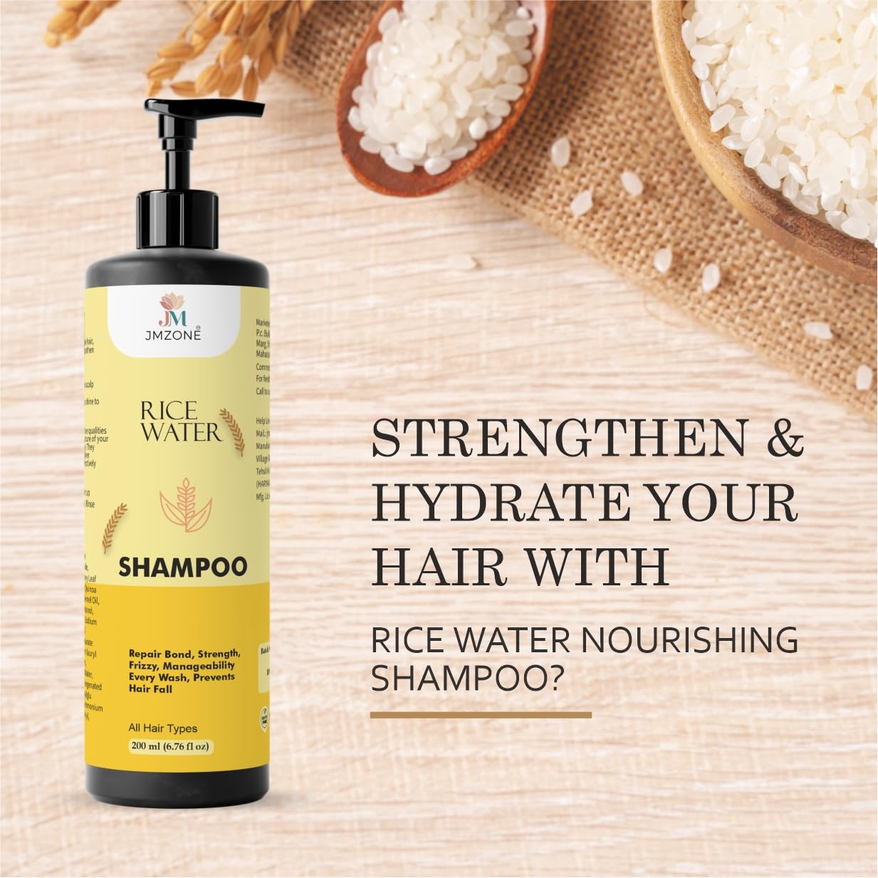 JMZONE Rice Water Shampoo, Anti Hair Fall, Frizz Control, Repairs Split Ends, for All Hair Types, 200 ml